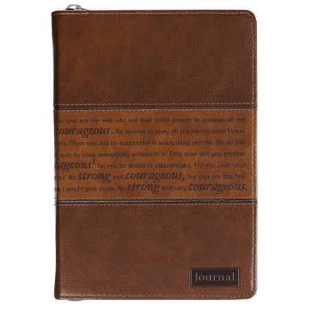 Strong and Courageous Two-tone Brown Faux Leather Journal with Zipper Closure - Joshua 1:5-9 by Christian Art Gifts