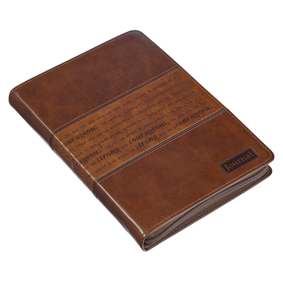 Strong and Courageous Two-tone Brown Faux Leather Journal with Zipper Closure - Joshua 1:5-9, product view 2