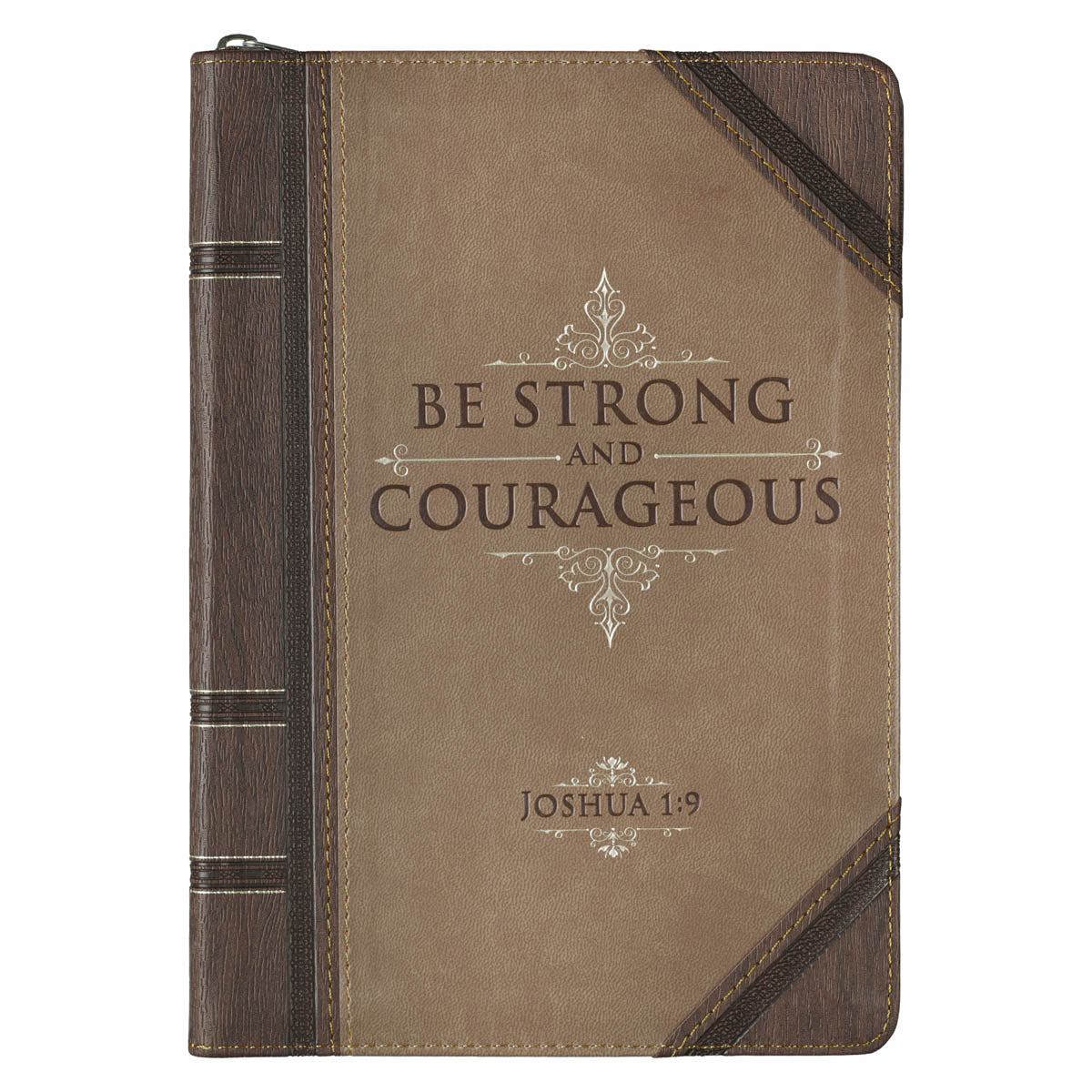 Strong and Courageous Walnut-Brown and Tan Faux Leather Classic Journal with Zipper Closure - Joshua 1:9