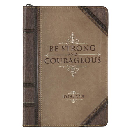 Strong and Courageous Walnut-Brown and Tan Faux Leather Classic Journal with Zipper Closure - Joshua 1:9
