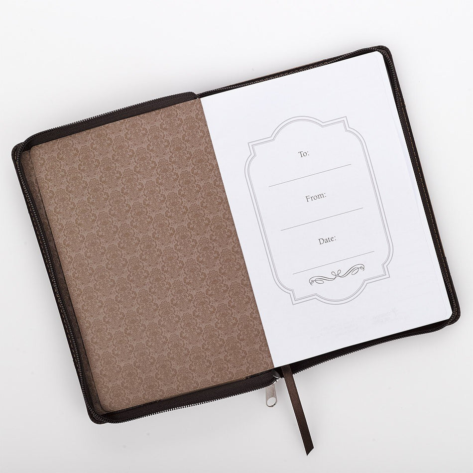 Strong and Courageous Walnut-Brown and Tan Faux Leather Classic Journal with Zipper Closure - Joshua 1:9, product view 2