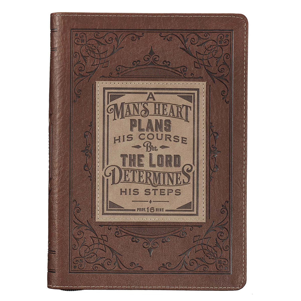 A Man's Heart Classic Faux Leather Zippered Journal in Brown - Proverbs 16:9 by Christian Art Gifts