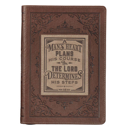 A Man's Heart Classic Faux Leather Zippered Journal in Brown - Proverbs 16:9 by Christian Art Gifts