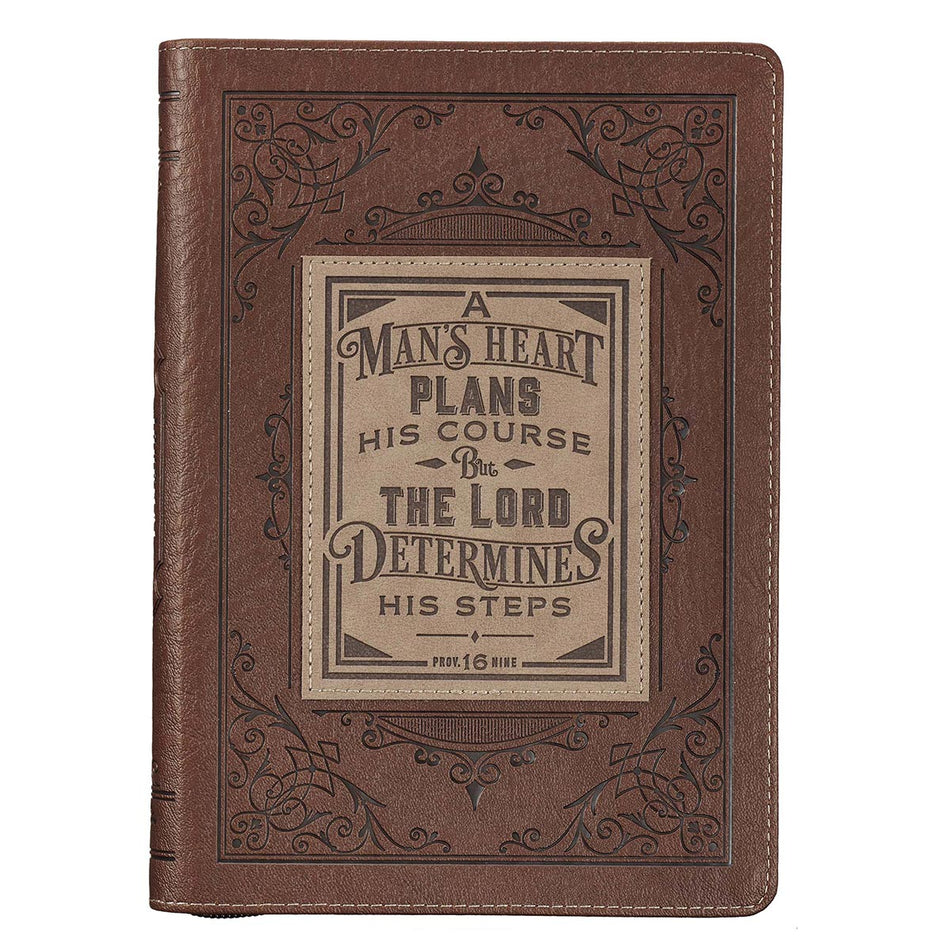 A Man's Heart Classic Faux Leather Zippered Journal in Brown - Proverbs 16:9 by Christian Art Gifts