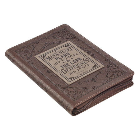 A Man's Heart Classic Faux Leather Zippered Journal in Brown - Proverbs 16:9 by Christian Art Gifts, product view 3