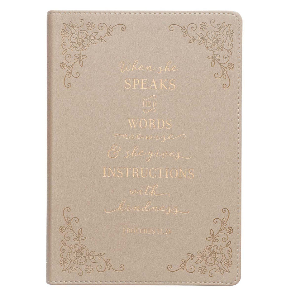 When She Speaks Taupe Faux Leather Classic Journal - Proverbs 31:26 by Christian Art Gifts