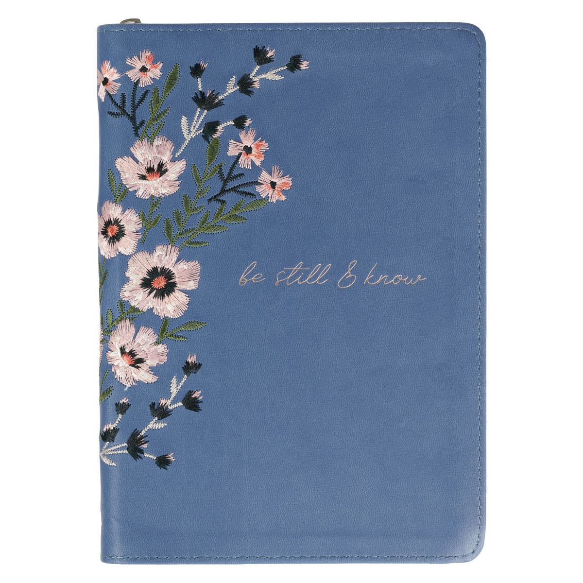 Be Still Floral Embroidered Blue Faux Leather Classic Journal with Zippered Closure - Psalm 46:10 by Christian Art Gifts