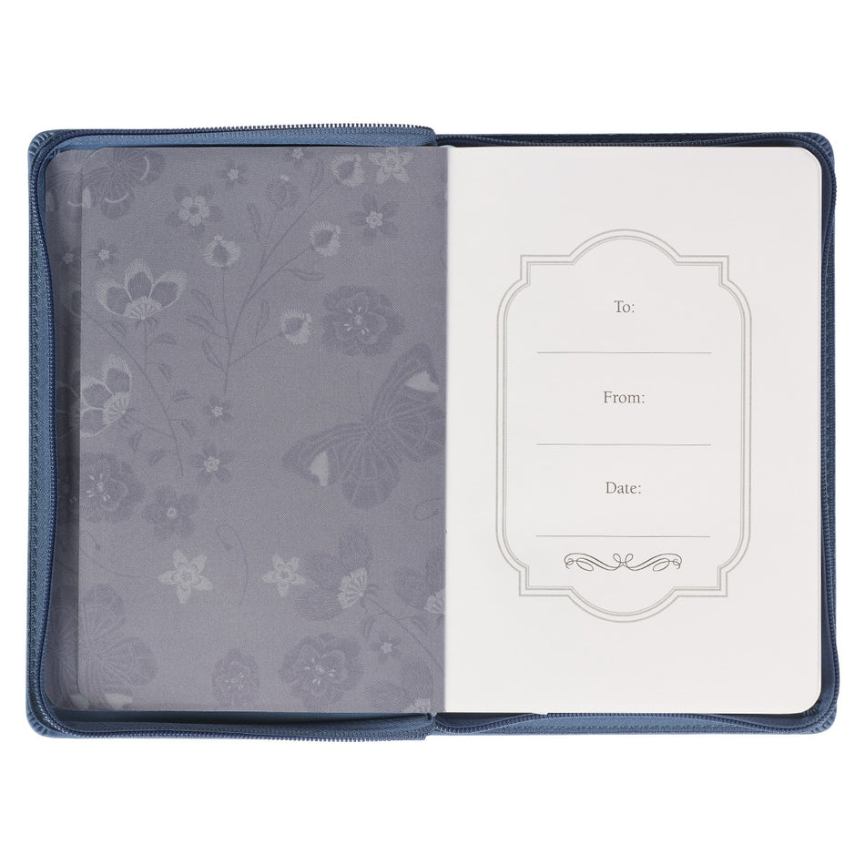 Be Still Floral Embroidered Blue Faux Leather Classic Journal with Zippered Closure - Psalm 46:10, product view 2