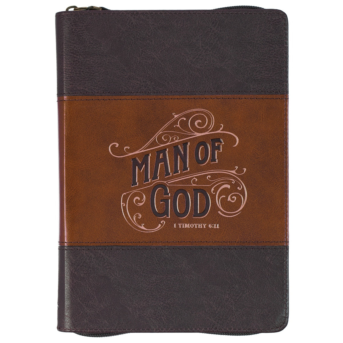 Man of God Honey-brown and Espresso Faux Leather Journal with Zipper Closure - 1 Timothy 6:11 by Christian Art Gifts