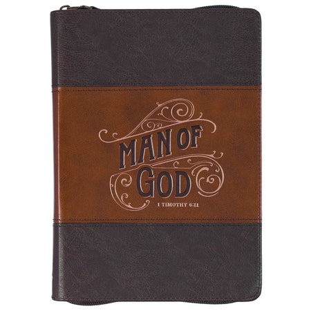 Man of God Honey-brown and Espresso Faux Leather Journal with Zipper Closure - 1 Timothy 6:11 by Christian Art Gifts