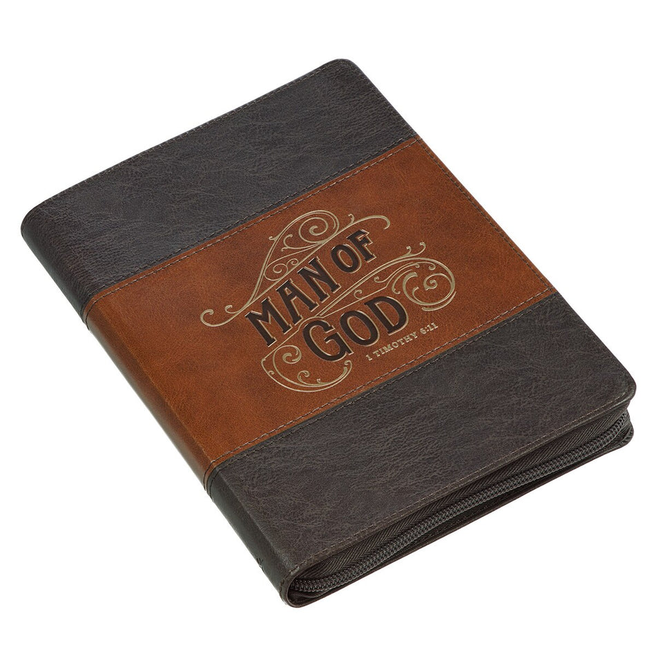 Man of God Honey-brown and Espresso Faux Leather Journal with Zipper Closure - 1 Timothy 6:11, product view 2