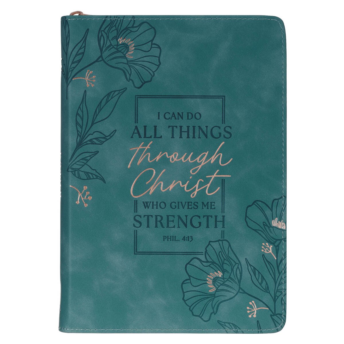 Through Christ Teal Faux Leather Journal with Zippered Closure - Philippians 4:13 by Christian Art Gifts