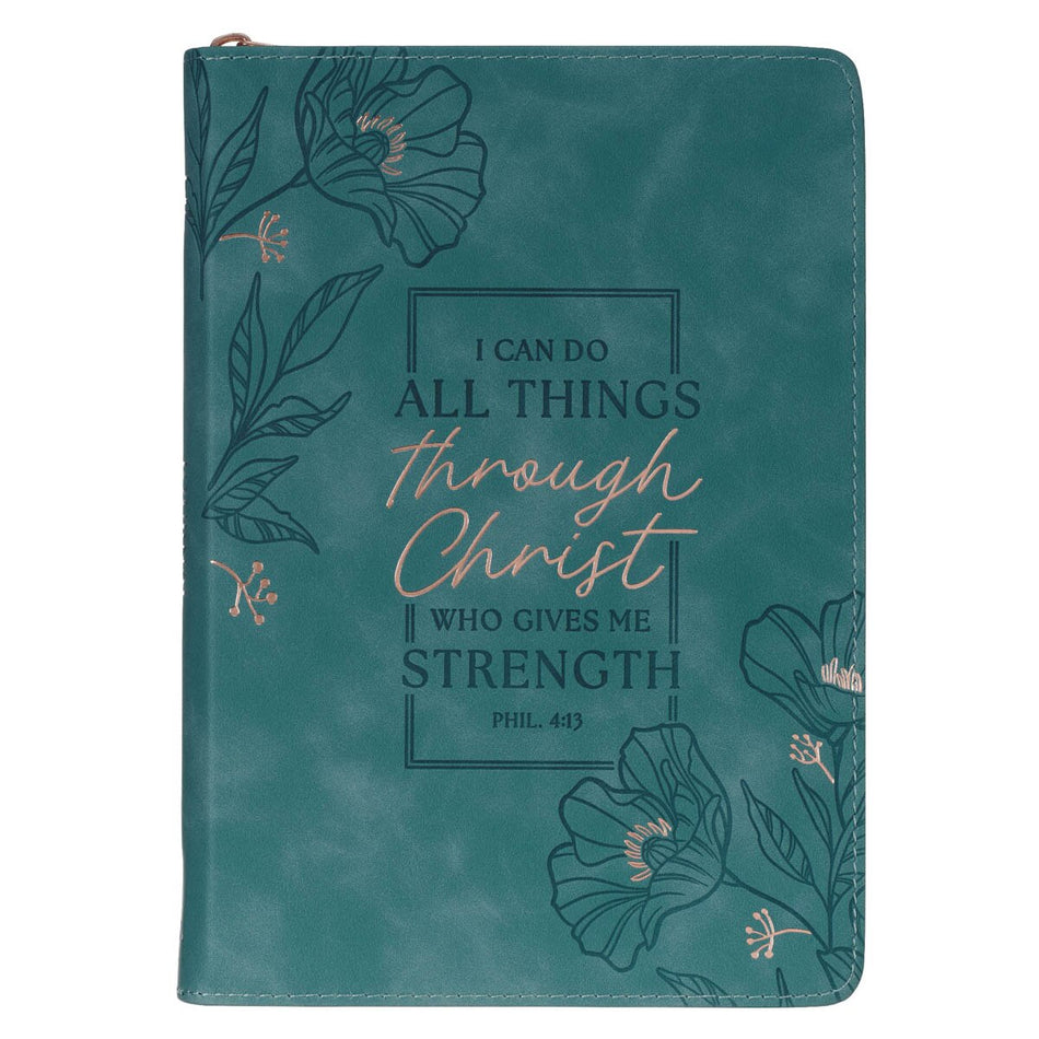 Through Christ Teal Faux Leather Journal with Zippered Closure - Philippians 4:13 by Christian Art Gifts