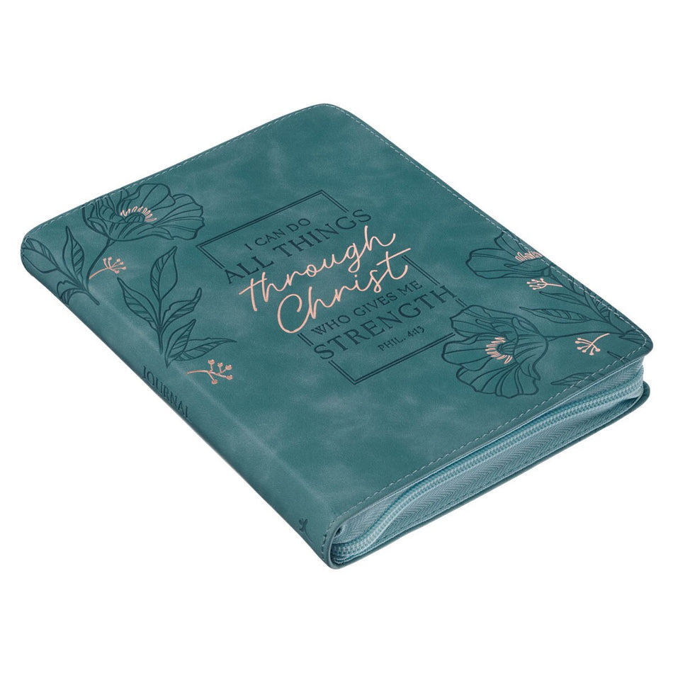 Through Christ Teal Faux Leather Journal with Zippered Closure - Philippians 4:13 by Christian Art Gifts, product view 2