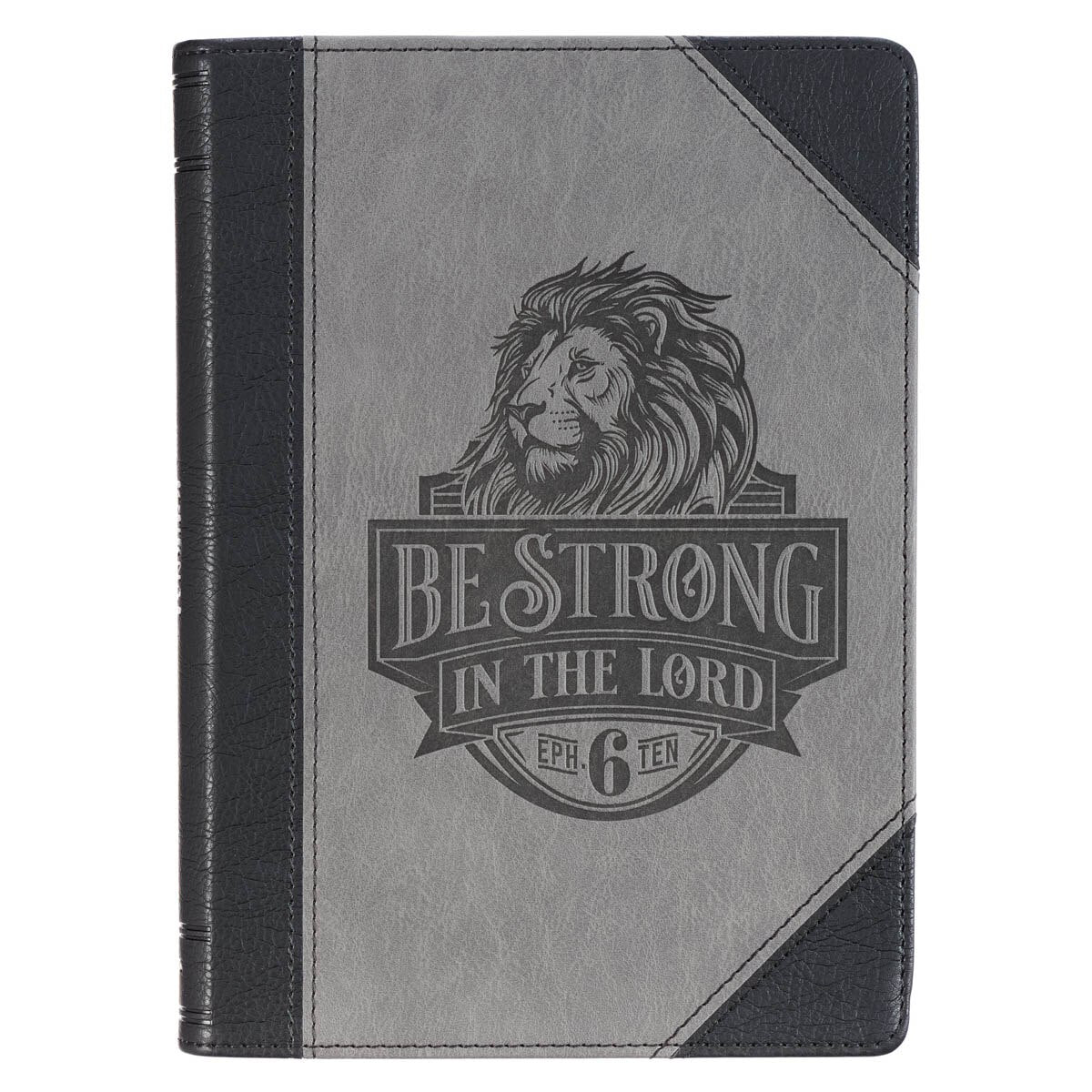 Be Strong in the Lord Black and Gray Lion Faux Leather Journal - Ephesians 6:10 by Christian Art Gifts