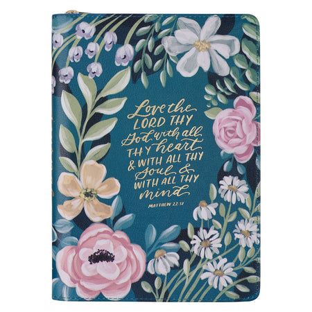 Love the Lord Teal Floral Faux Leather Journal with Zipper Closure - Matthew 22:37 by Christian Art Gifts