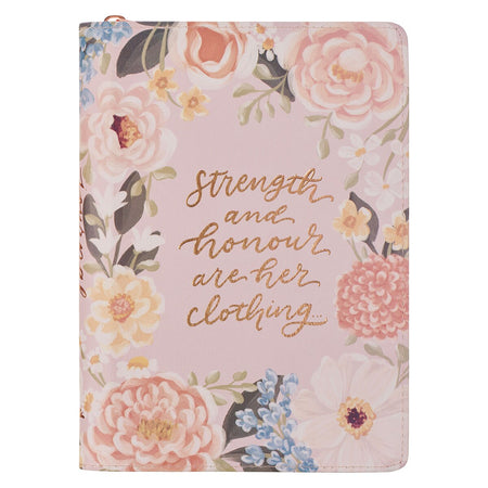 Strength and Honor Pink Floral Faux Leather Classic Journal with Zipper Closure - Proverbs 31:25 by Christian Art Gifts
