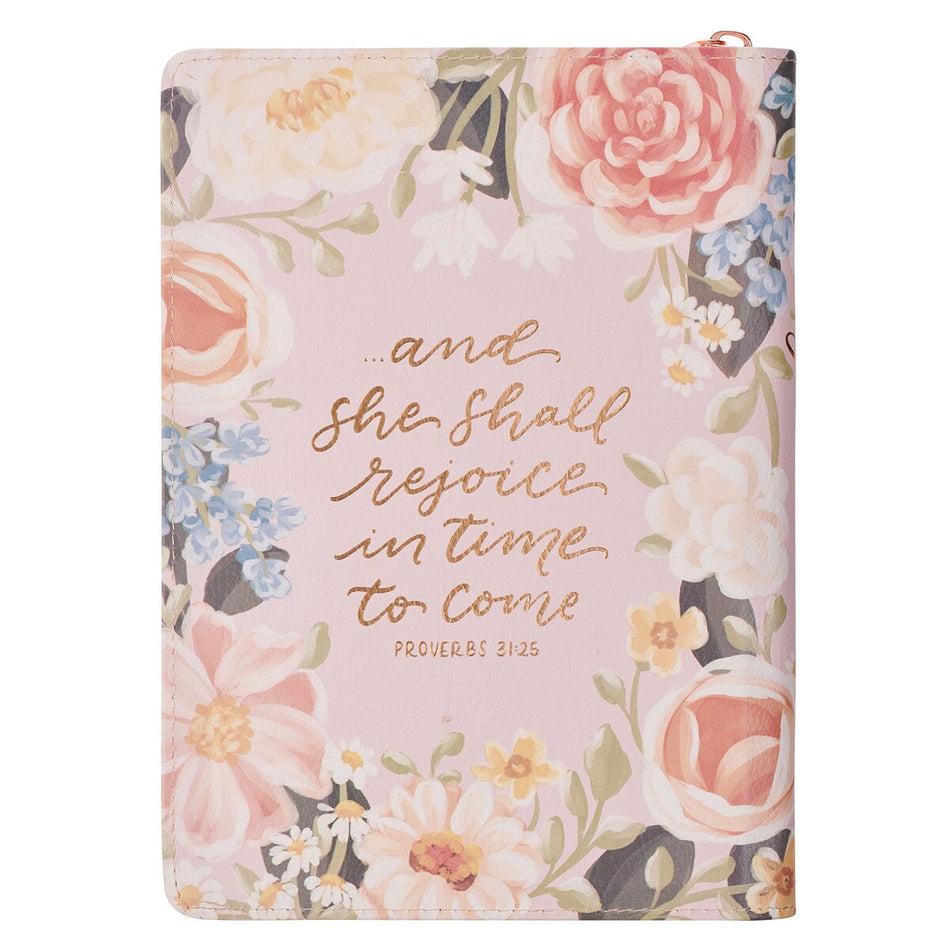 Strength and Honor Pink Floral Faux Leather Classic Journal with Zipper Closure - Proverbs 31:25, product view 2