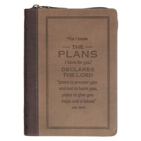 The Plans Cocoa Brown and Taupe Faux Leather Classic Journal with Zipper Closure - Jeremiah 29:11 by Christian Art Gifts