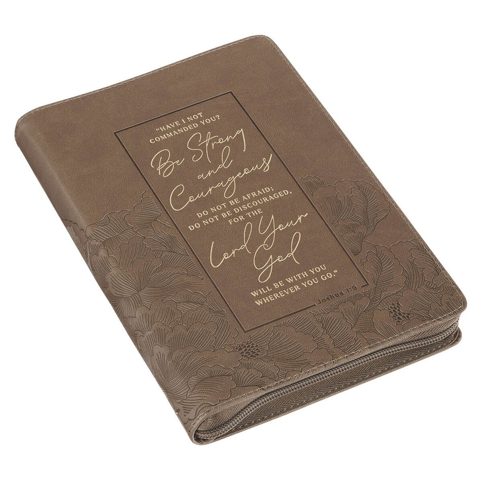 Be Strong and Courageous Ash-brown Faux Leather Journal with Zipper Closure - Joshua 1:9, product view 2