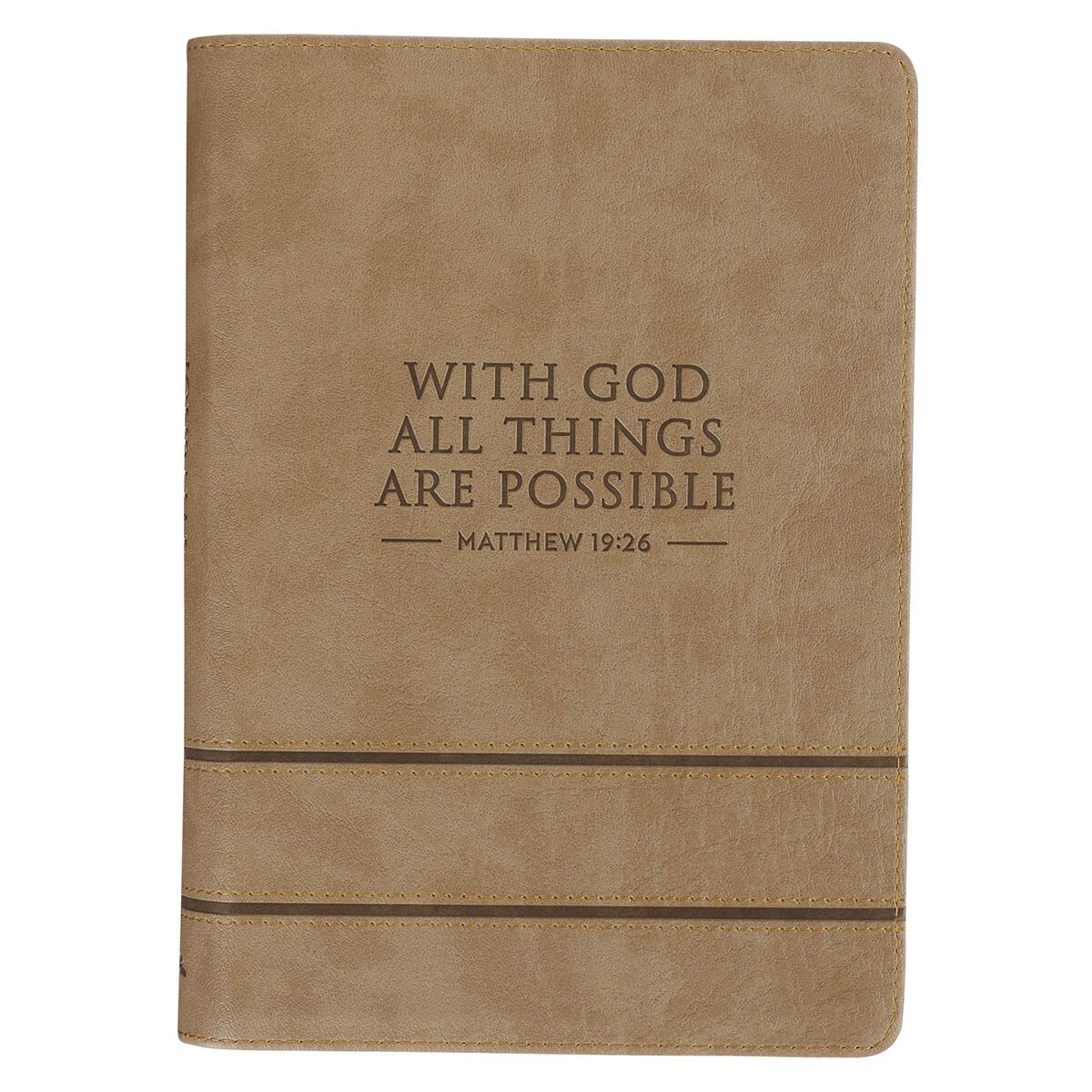 With God All Things Are Possible Tan Faux Leather Journal with Zipper Closure - Matthew 19:26 by Christian Art Gifts