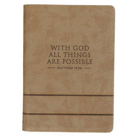 With God All Things Are Possible Tan Faux Leather Journal with Zipper Closure - Matthew 19:26 by Christian Art Gifts