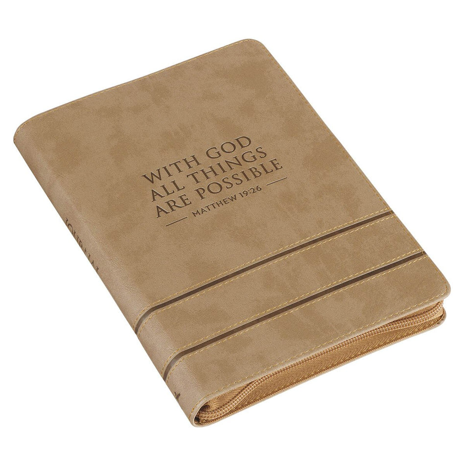 With God All Things Are Possible Tan Faux Leather Journal with Zipper Closure - Matthew 19:26, product view 2