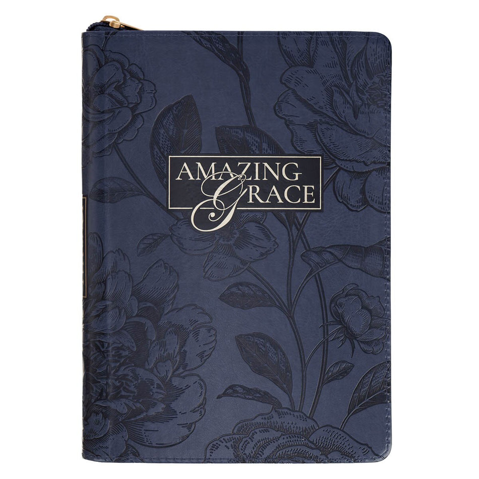 Amazing Grace Navy Blue Floral Faux Leather Classic Journal Zipper Closure by Christian Art Gifts