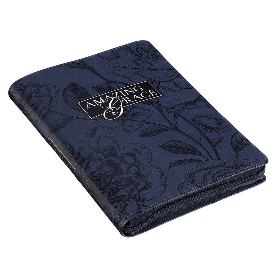 Amazing Grace Navy Blue Floral Faux Leather Classic Journal Zipper Closure by Christian Art Gifts, product view 2