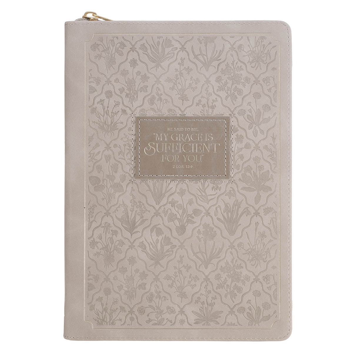 Sufficient Grace Taupe Faux Leather Classic Journal with Zipper Closure - 2 Cor 12:9 by Christian Art Gifts