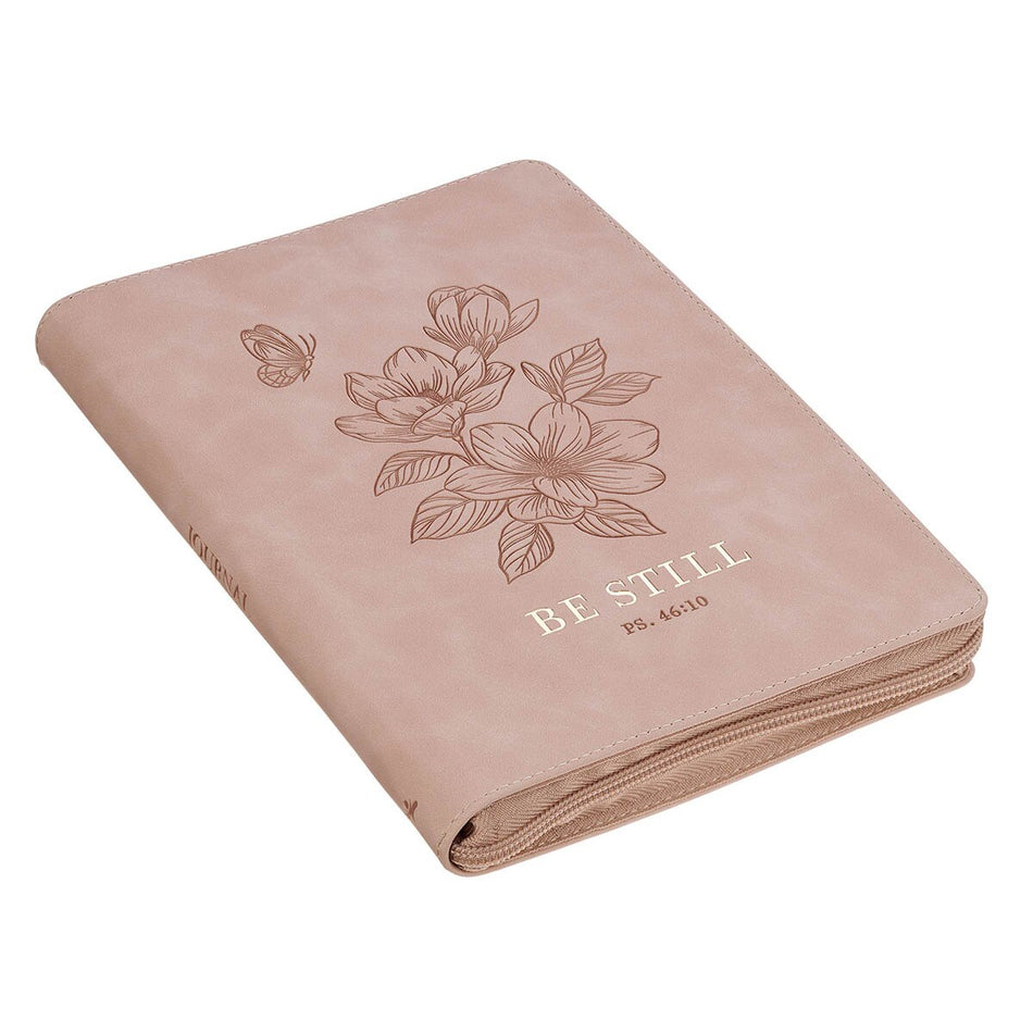 Be Still Pink Floral Faux Leather Classic Journal with Zipper Closure - Psalm 46:10 by Christian Art Gifts, product view 2