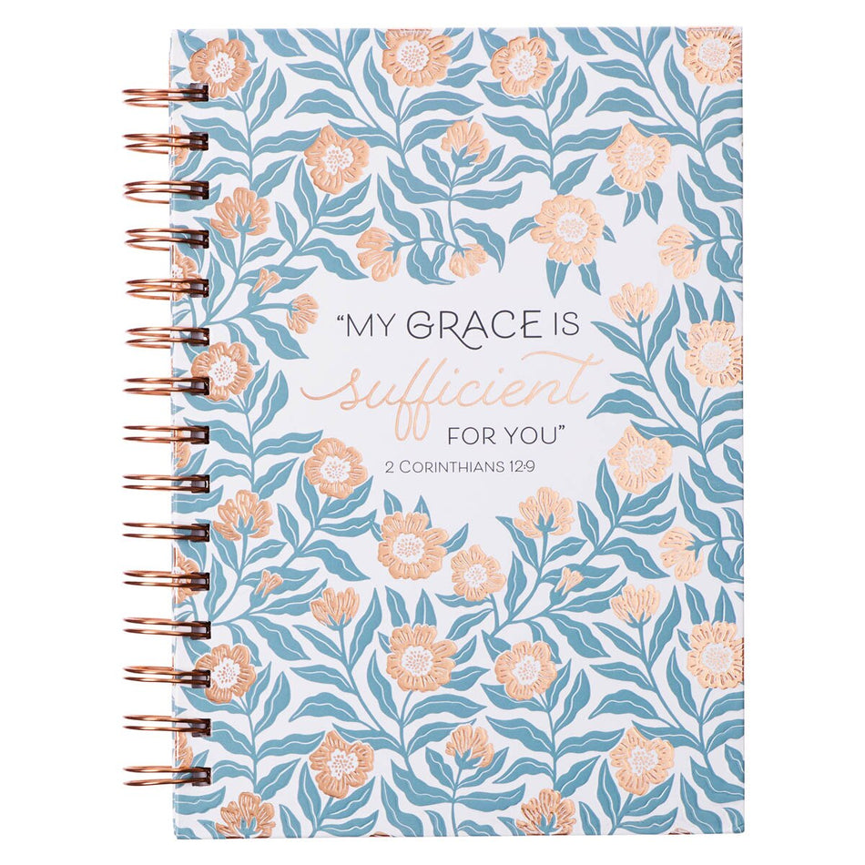 Sufficient Grace Teal Floral Spiral Journal - 2 Corinthians 12:9 by Christian Art Gifts