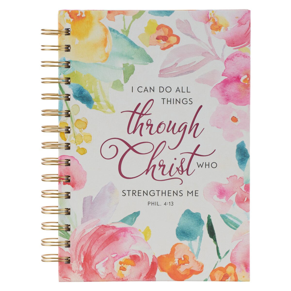 All Things Through Christ Multi-colored Floral Large Spiral Journal - Philippians 4:13 by Christian Art Gifts