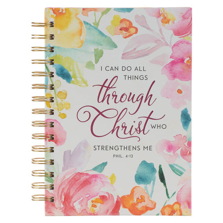 All Things Through Christ Multi-colored Floral Large Spiral Journal - Philippians 4:13 by Christian Art Gifts