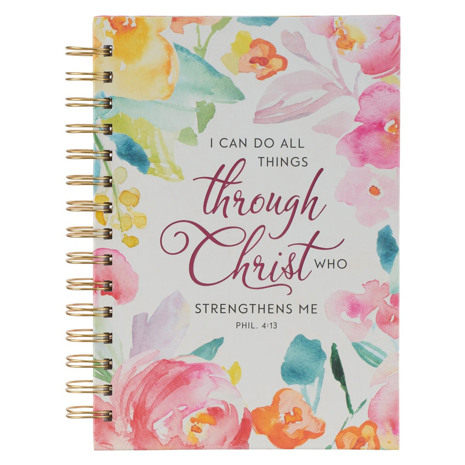 All Things Through Christ Multi-colored Floral Large Spiral Journal - Philippians 4:13 by Christian Art Gifts
