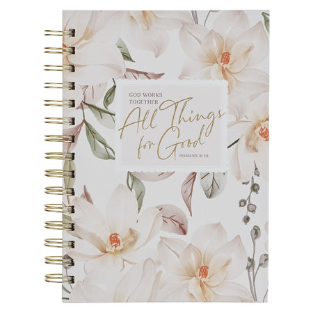 All Things for Good White Magnolia Spiral Journal - Romans 8:28 by Christian Art Gifts