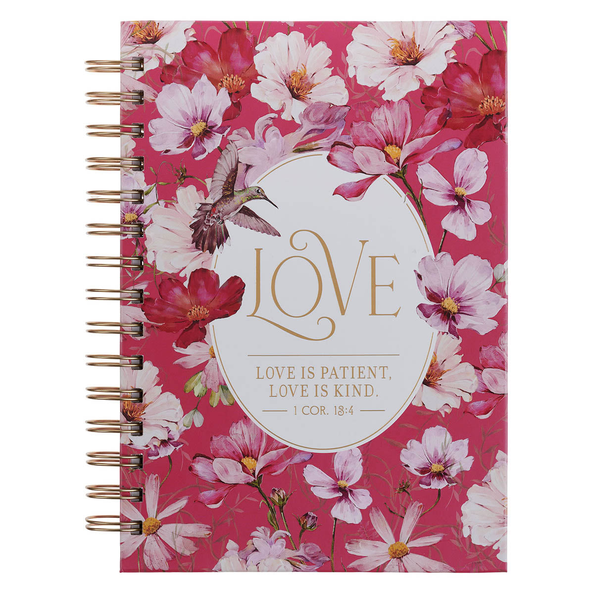 Love Cherry Pink Hummingbird Spiral Journal - 1 Corinthians 13:4 by Christian Art Gifts