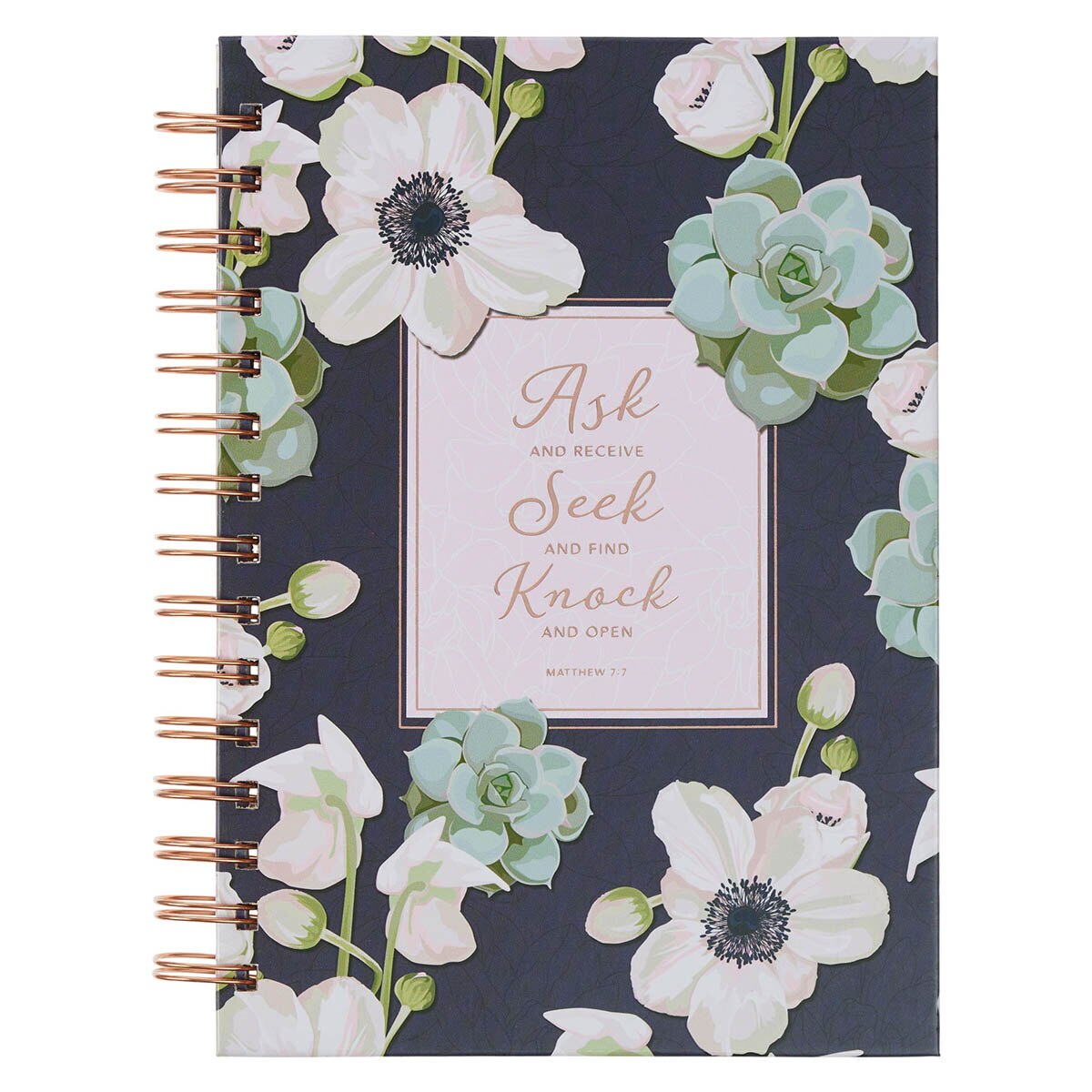 Ask, Seek, Knock Navy Floral Spiral Journal - Matthew 7:7 by Christian Art Gifts