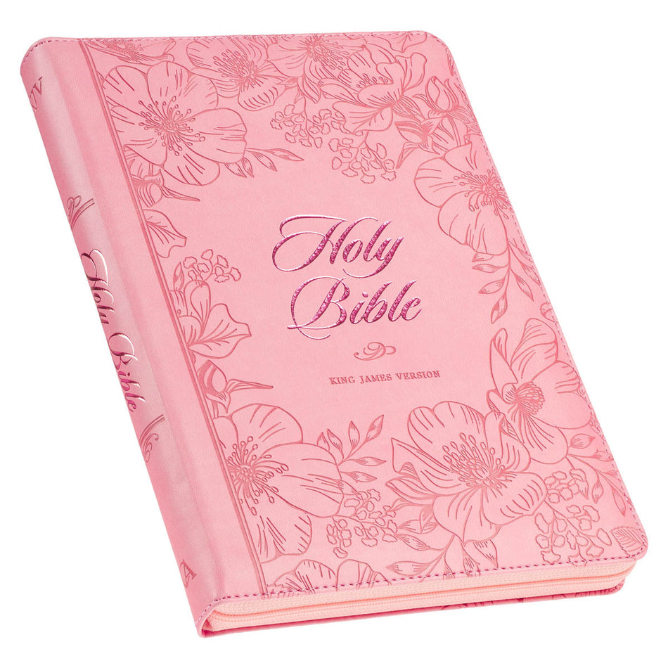 Sunrise Pink Faux Leather Large Print Thinline King James Version Bible with Zippered Closure and Thumb Index, product view 2