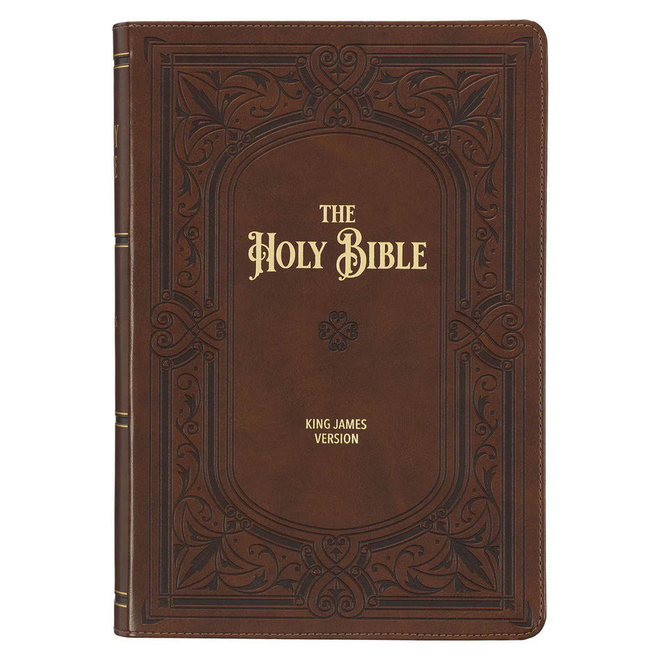 Art Nouveau Framed Toffee Brown Faux Leather Large Print King James Study Bible with Thumb Index