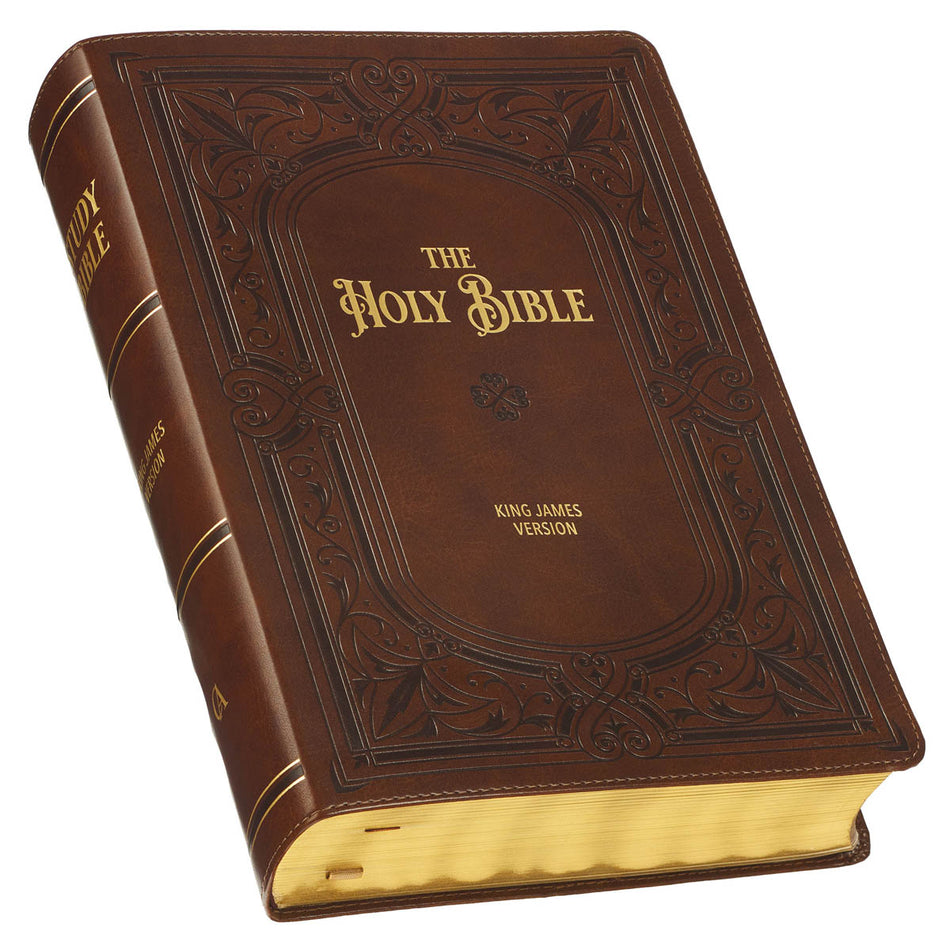 Art Nouveau Framed Toffee Brown Faux Leather Large Print King James Study Bible with Thumb Index, product view 2