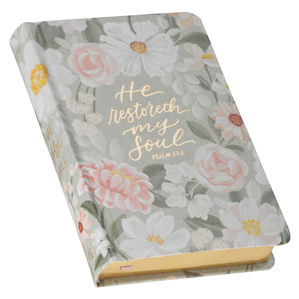 Lichen Gray Floral Faux Leather Hardcover King James Version Bible - Psalm 23:3 by Christian Art Gifts, product view 2