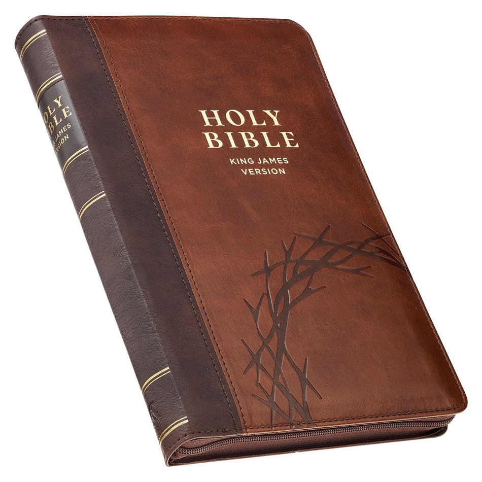 Crown of Thorns Two-tone Brown Faux Leather King James Version Deluxe Gift Bible with Thumb Index and Zipper, product view 2