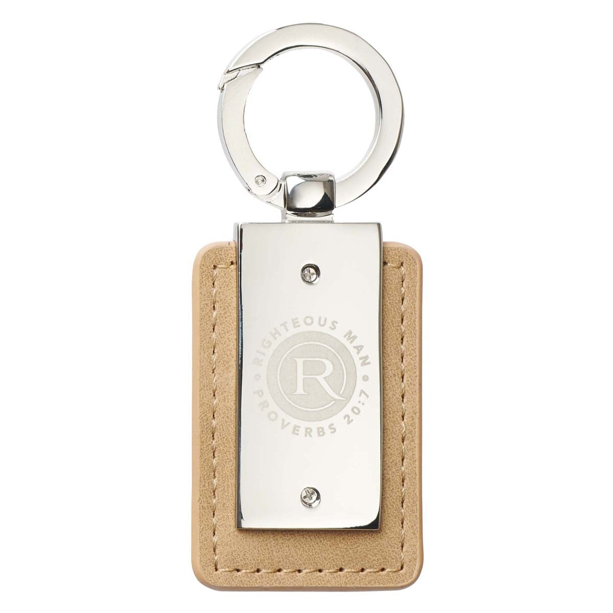 Righteous Man Silver and Tan Key Ring in Gift Tin - Proverbs 20:7 by Christian Art Gifts