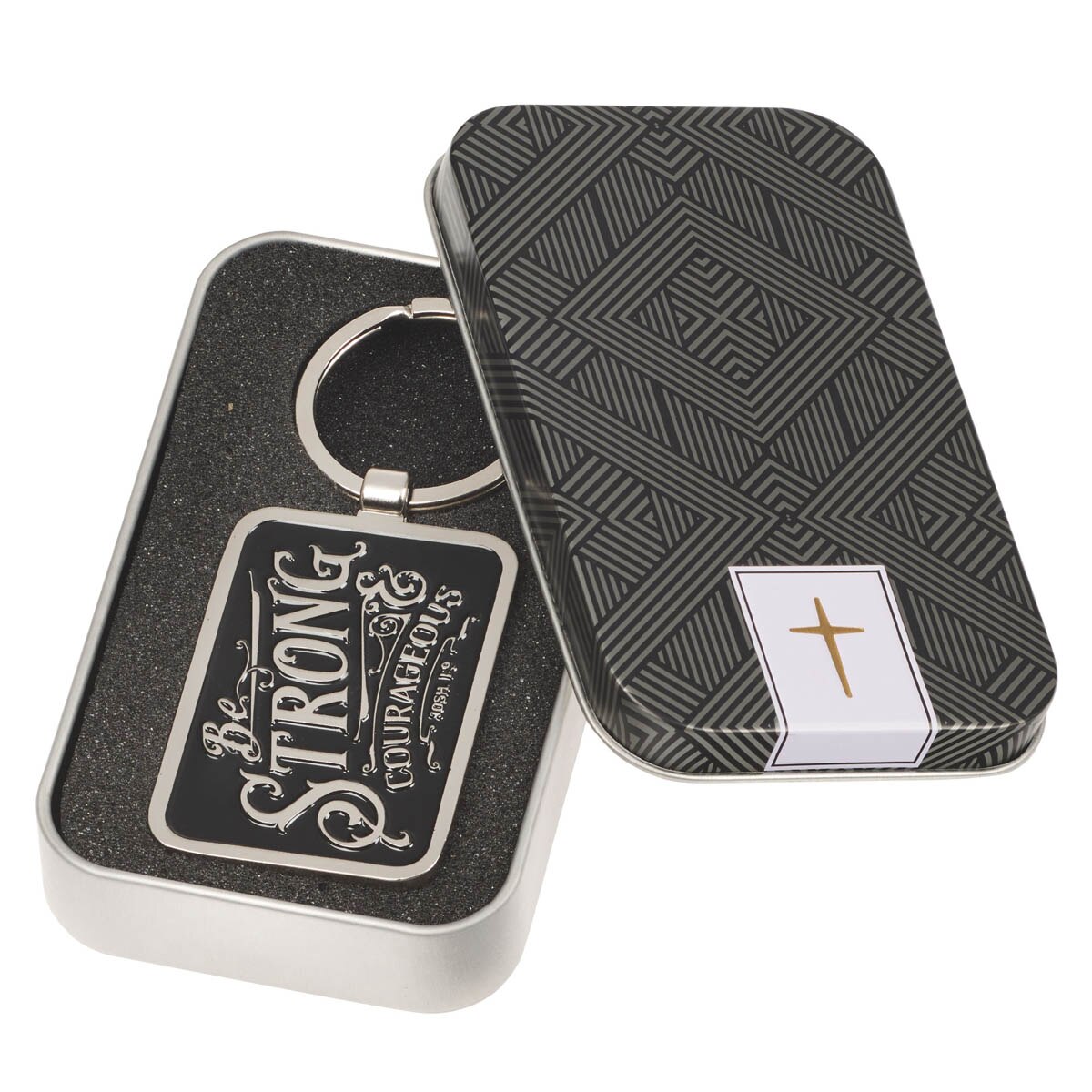 Be Strong & Courageous Black Metal Key Ring in Gift Tin - Joshua 1:9 by Christian Art Gifts, product view 2