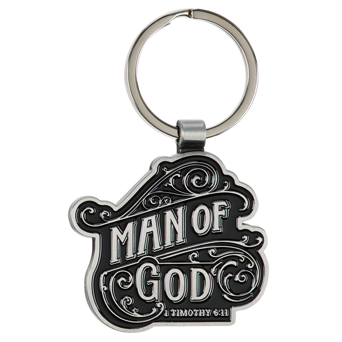 Man of God Black and Silver Metal Keychain - 1 Timothy 6:11 by Christian Art Gifts
