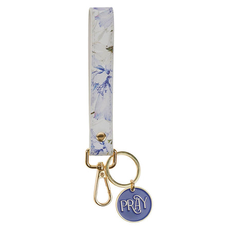 Pray Blue Floral Faux Leather Wristlet Keychain - Job 22:27 by Christian Art Gifts