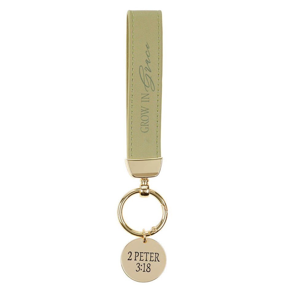 Grow in Grace Green Faux Leather Wristlet Keychain – 2 Peter 3:18 by Christian Art Gifts