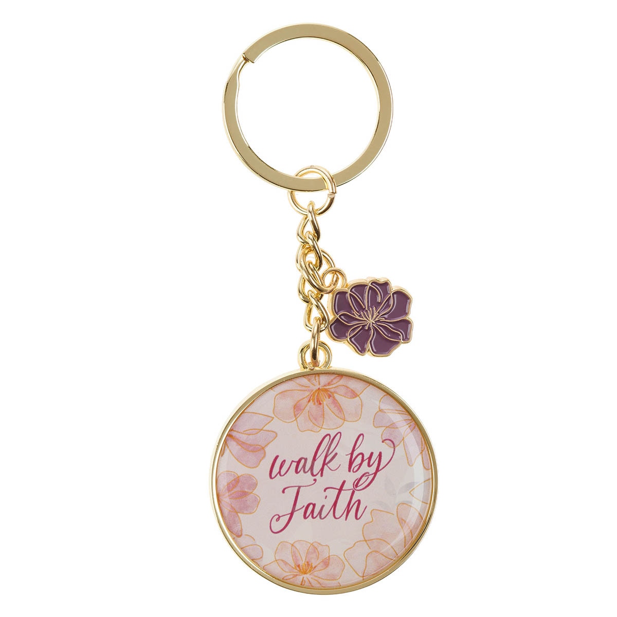 Walk by Faith Pink Cosmos Metal Keychain with Link Chain Medallion - 2 Corinthians 5:7 by Christian Art Gifts