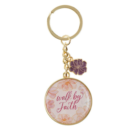 Walk by Faith Pink Cosmos Metal Keychain with Link Chain Medallion - 2 Corinthians 5:7 by Christian Art Gifts